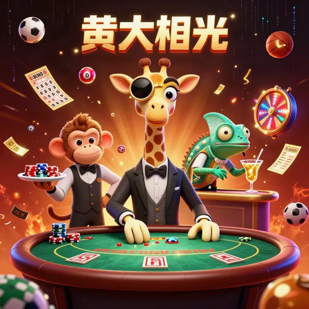High-roller giraffe, monkey valet, and chameleon bartender amid casino props and neon green effects.