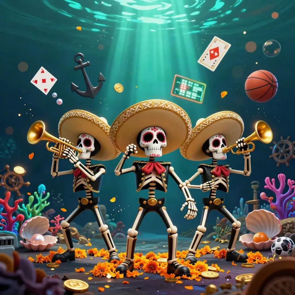 Skeleton mariachi trio in an underwater treasure cove with coins, coral, balls, and glowing rays