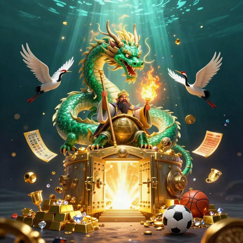 Jade dragon, turtle sage, and cranes burst from a gold vault in neon-lit casino fantasy.