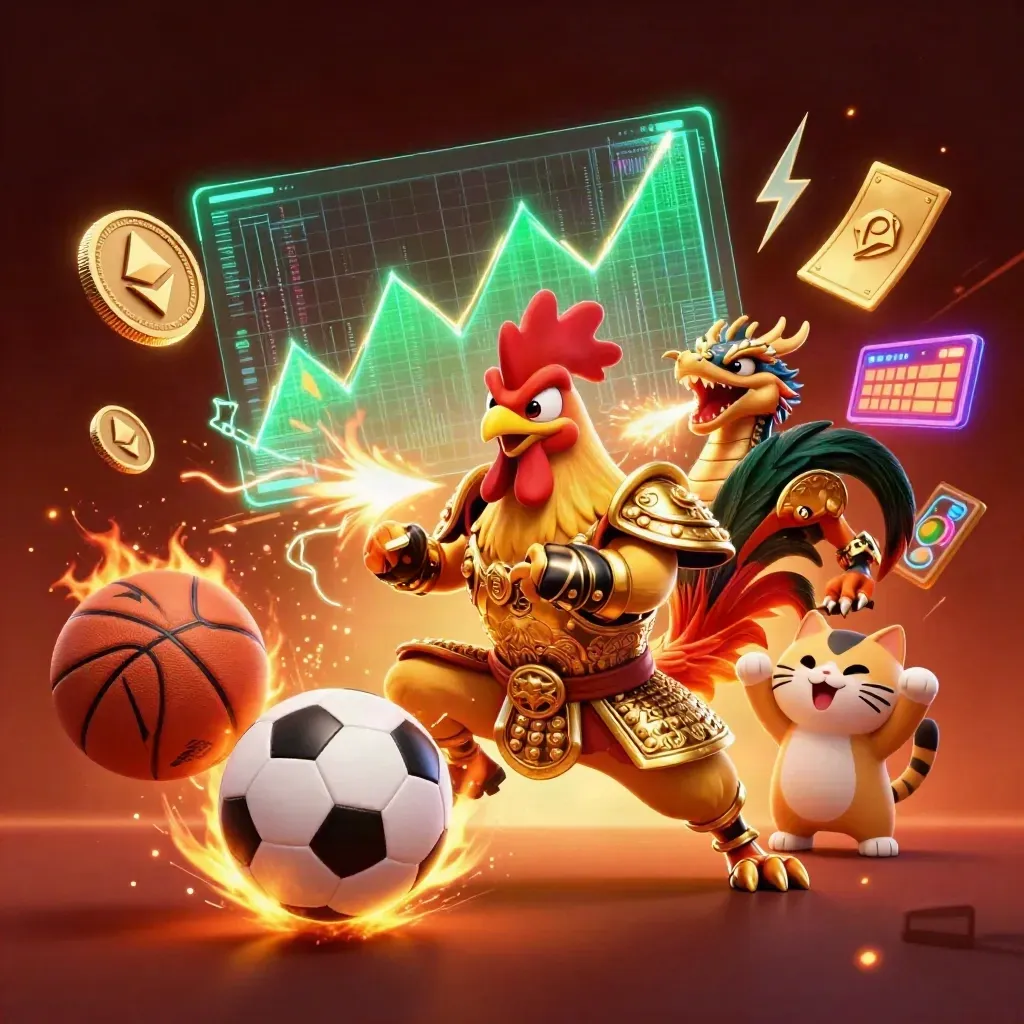 Rooster warrior, dragon hatchling, and fortune-cat amid coins, lightning, and sports gear