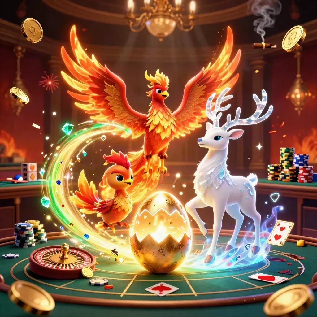 Phoenixes and a crystal-antlered stag amid casino gold, coins, roulette, and jewel-lit luxury.