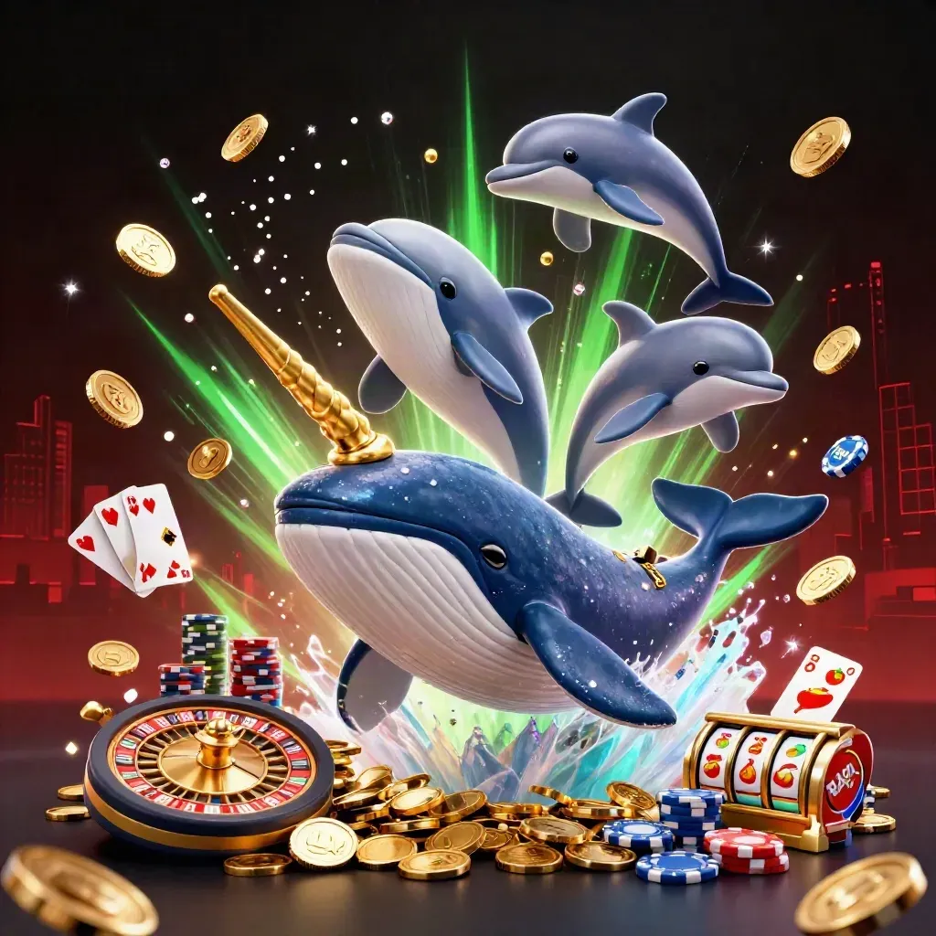 Whale captain, narwhal and dolphins burst through coins, chips and gems in neon casino chaos