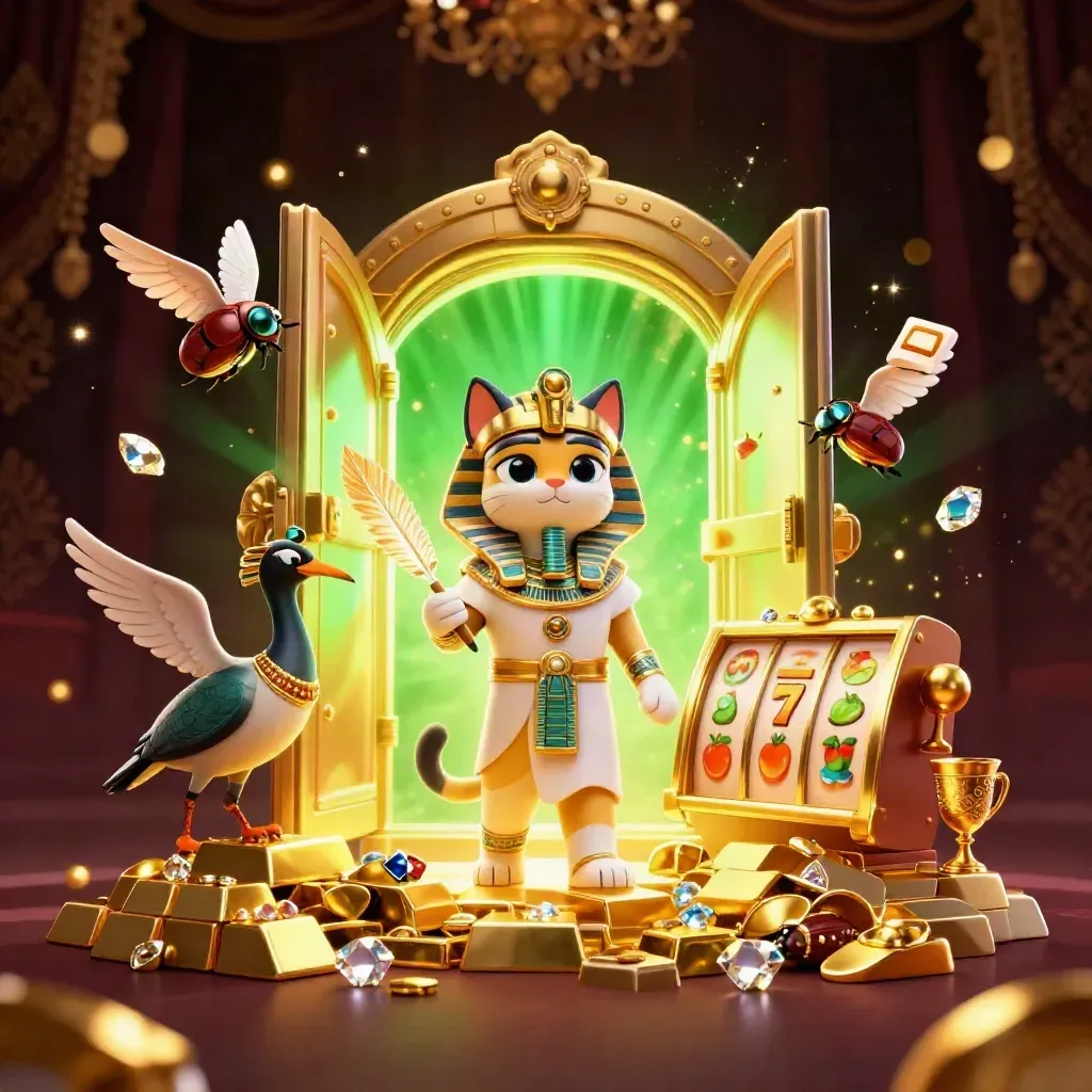 Pharaoh cat, ibis scribe and gem-winged scarabs burst from a golden vault in neon green luxury.