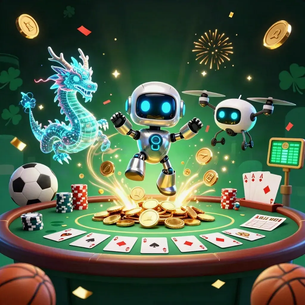 Cyberpunk robot, holographic dragon, and coin drone amid casino treasure, chips, cards, and fireworks.